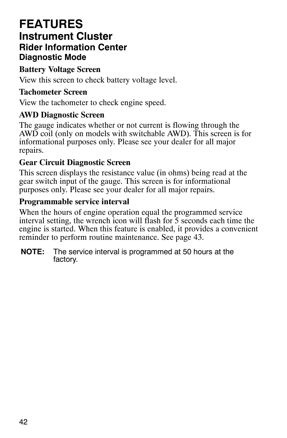 Features, Instrument cluster | Polaris MV700 User Manual | Page 45 / 131