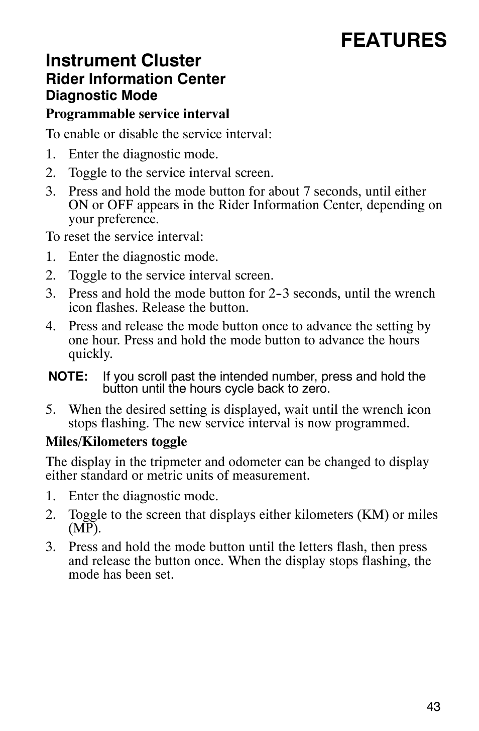 Features, Instrument cluster | Polaris MV700 User Manual | Page 46 / 131