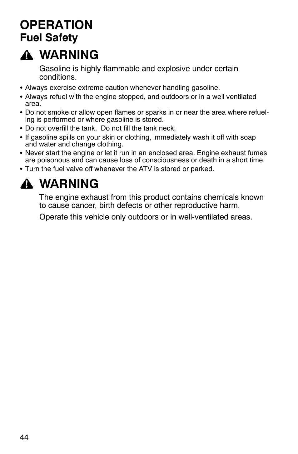 Operation, Warning, Fuel safety | Polaris MV700 User Manual | Page 47 / 131