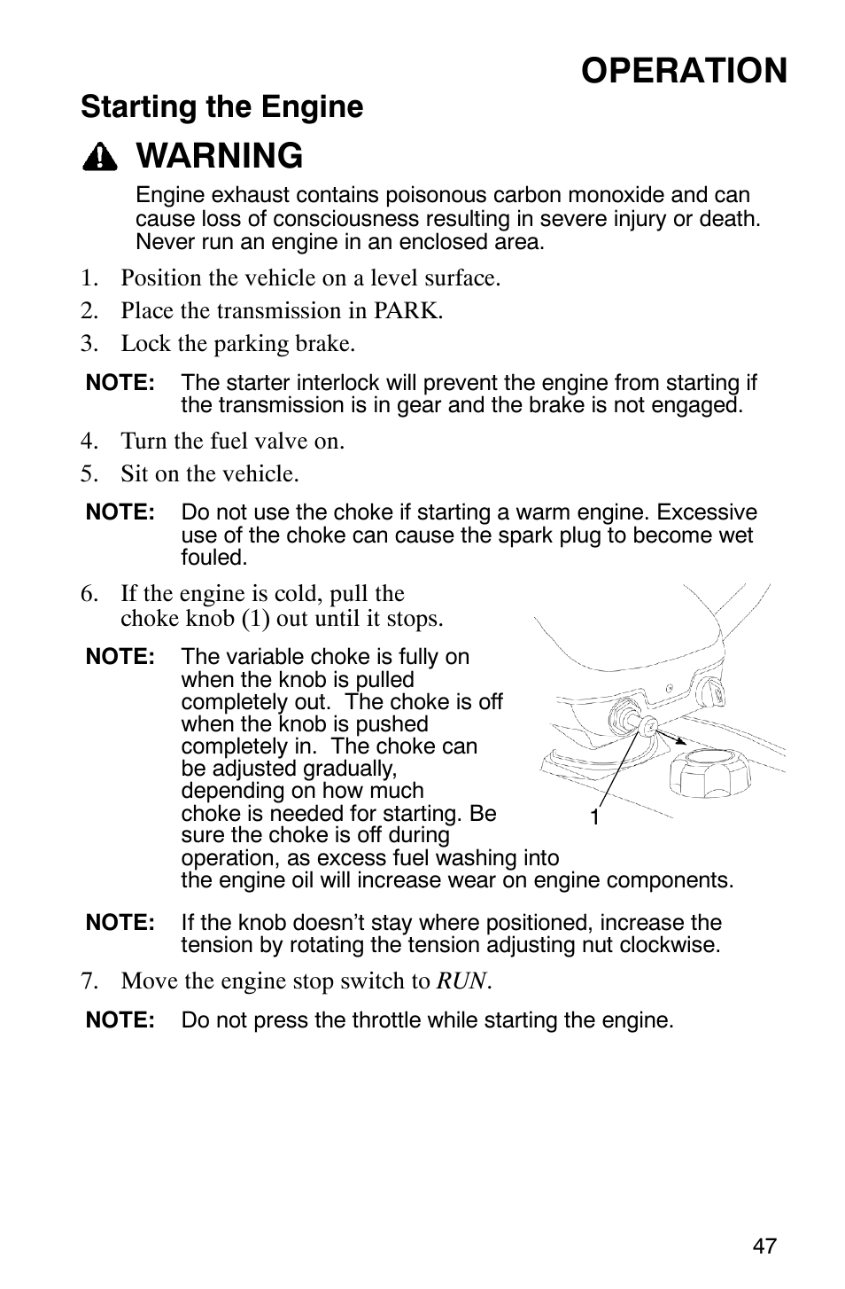 Operation, Warning, Starting the engine | Polaris MV700 User Manual | Page 50 / 131