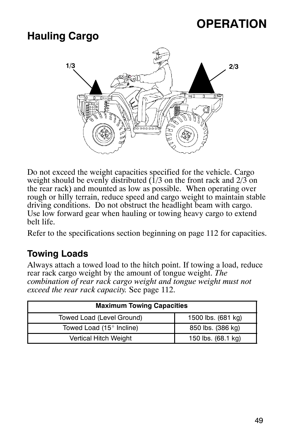 Operation, Hauling cargo, Towing loads | Polaris MV700 User Manual | Page 52 / 131