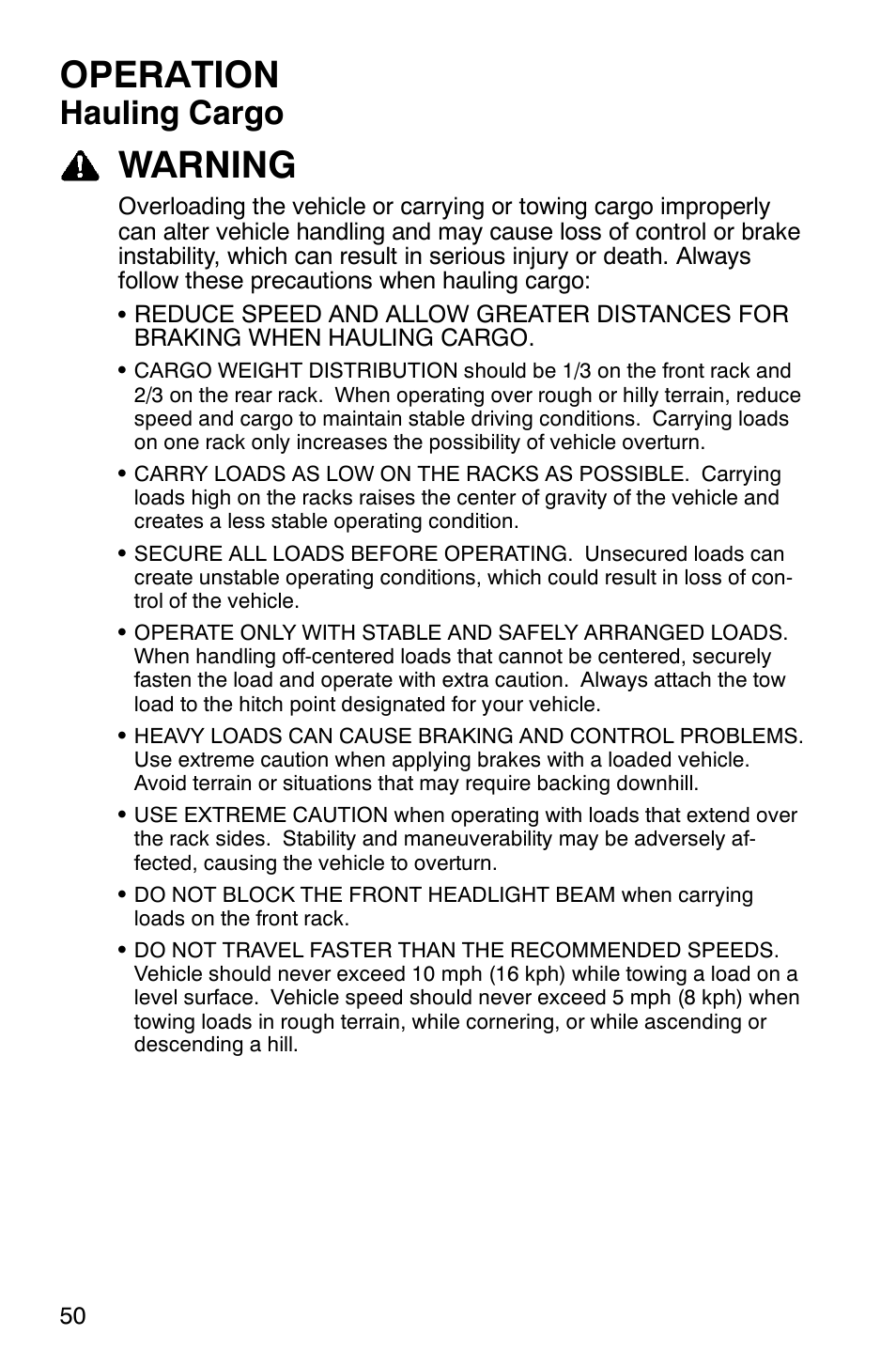 Operation, Warning, Hauling cargo | Polaris MV700 User Manual | Page 53 / 131
