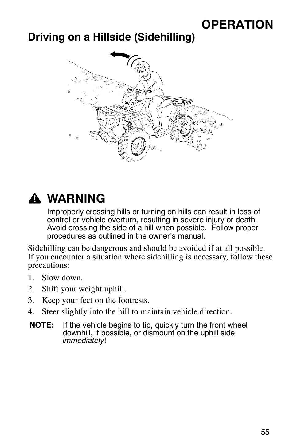 Operation, Warning, Driving on a hillside (sidehilling) | Polaris MV700 User Manual | Page 58 / 131