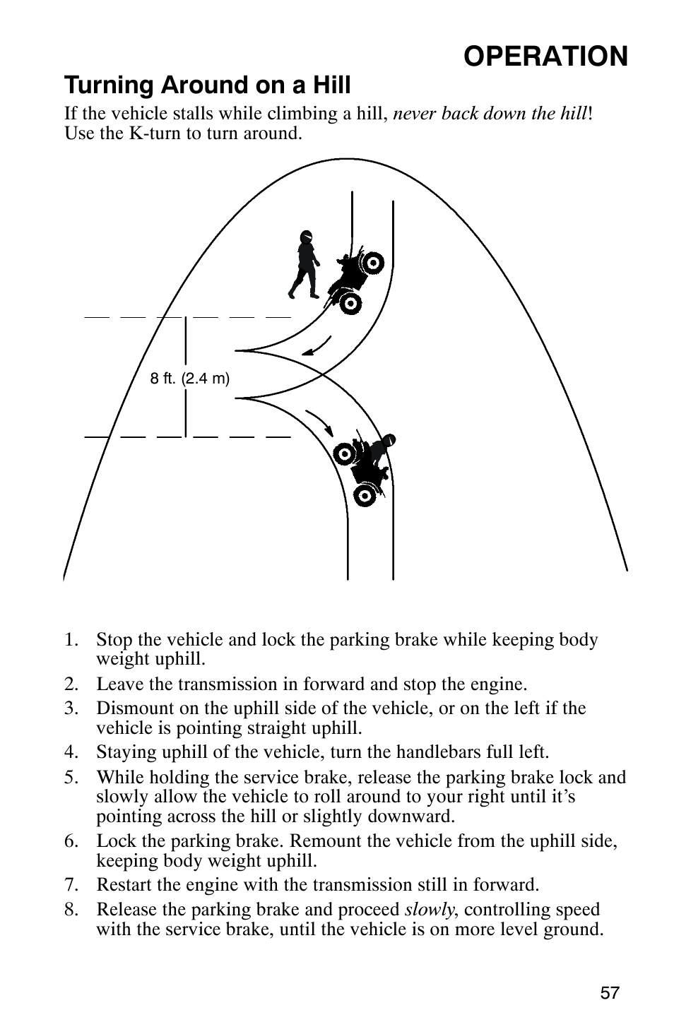 Operation, Turning around on a hill | Polaris MV700 User Manual | Page 60 / 131