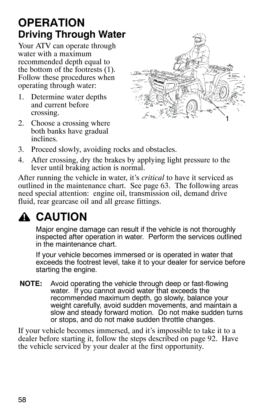 Operation, Caution, Driving through water | Polaris MV700 User Manual | Page 61 / 131