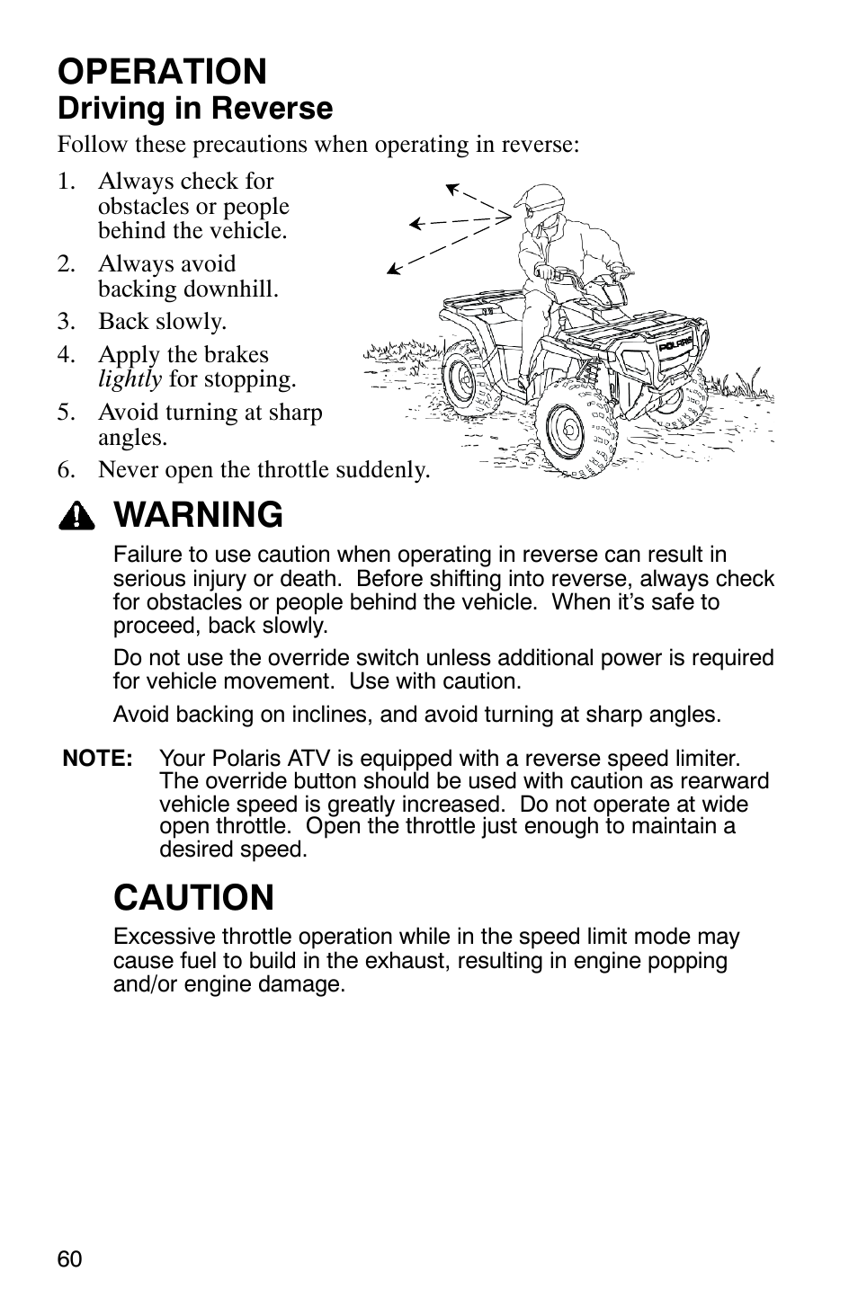 Operation, Warning, Caution | Driving in reverse | Polaris MV700 User Manual | Page 63 / 131