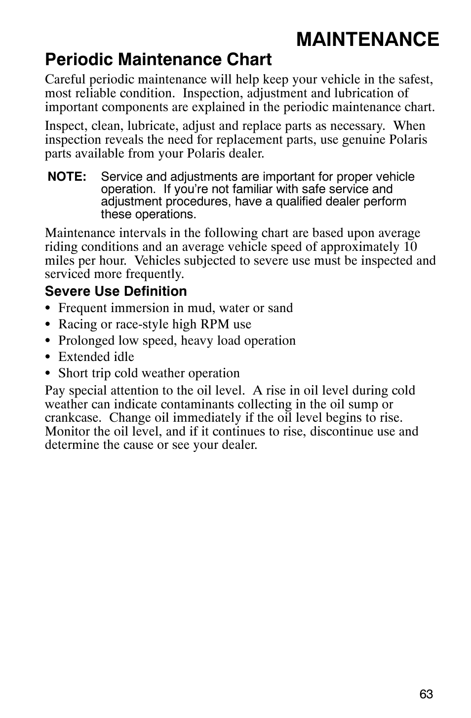 Maintenance, Periodic maintenance chart | Polaris MV700 User Manual | Page 66 / 131
