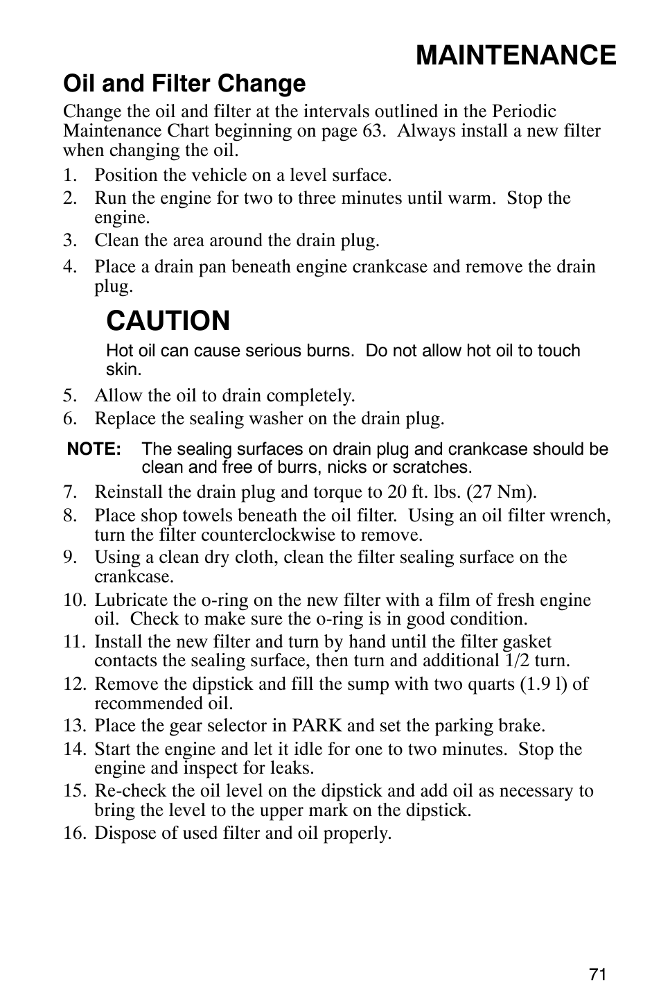Maintenance, Caution, Oil and filter change | Polaris MV700 User Manual | Page 74 / 131
