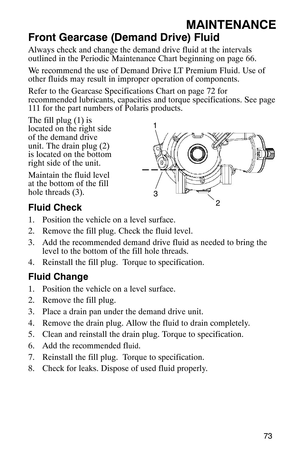 Maintenance, Front gearcase (demand drive) fluid | Polaris MV700 User Manual | Page 76 / 131