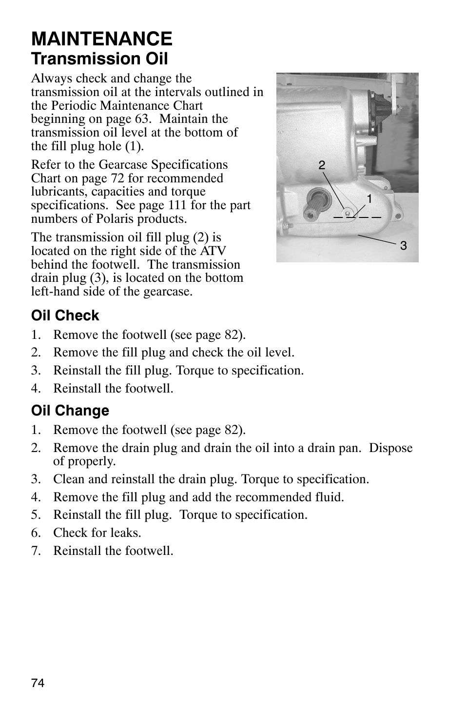 Maintenance, Transmission oil | Polaris MV700 User Manual | Page 77 / 131