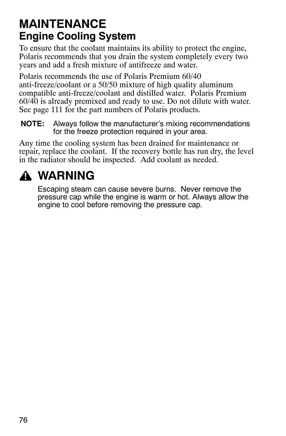 Maintenance, Warning, Engine cooling system | Polaris MV700 User Manual | Page 79 / 131