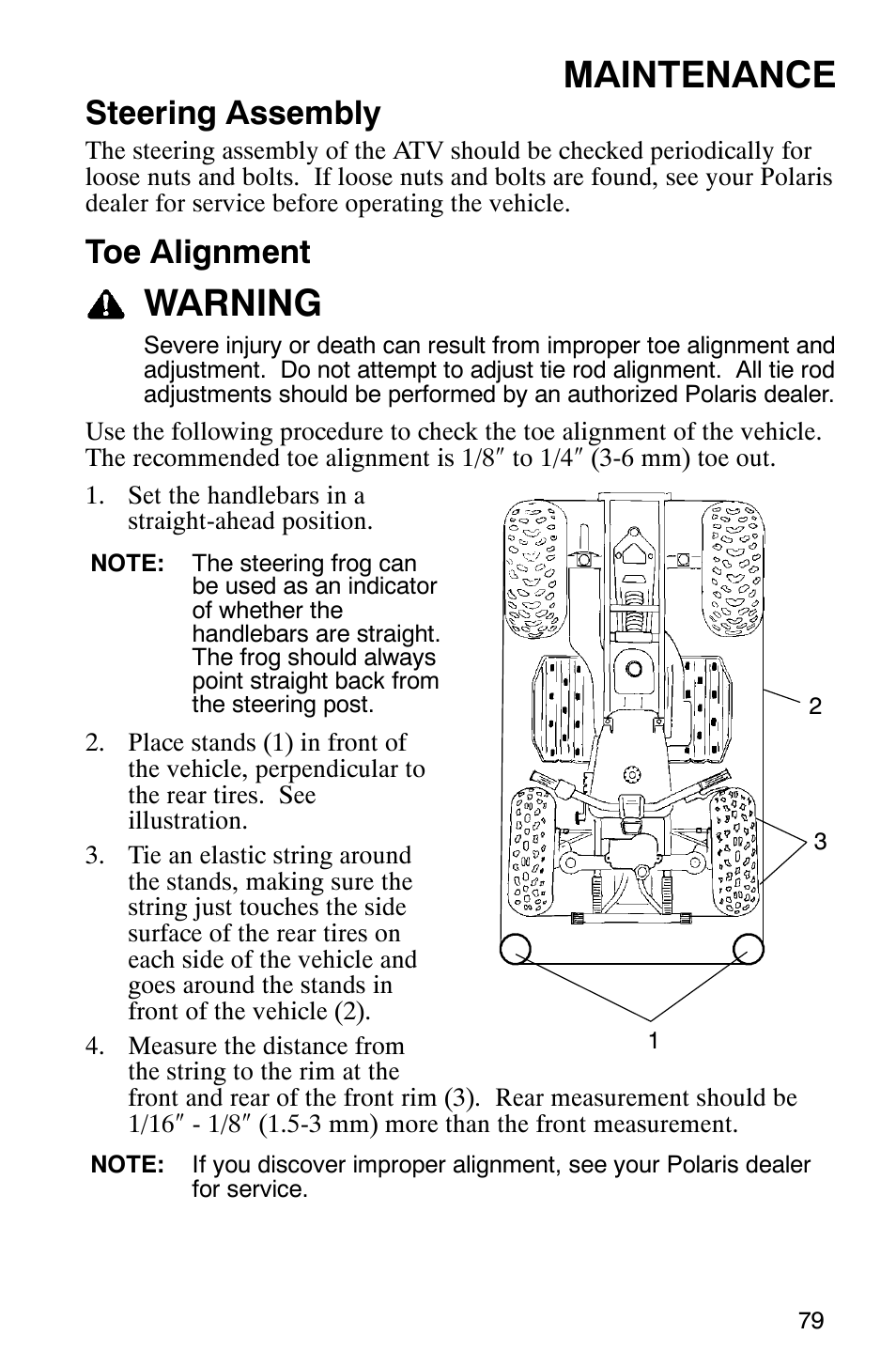 Maintenance, Warning, Steering assembly | Toe alignment | Polaris MV700 User Manual | Page 82 / 131