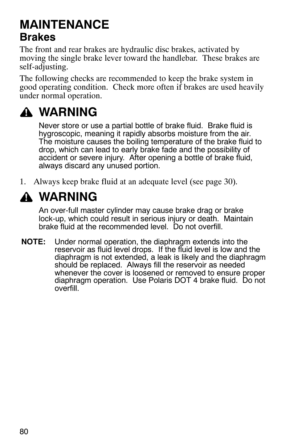 Maintenance, Warning, Brakes | Polaris MV700 User Manual | Page 83 / 131