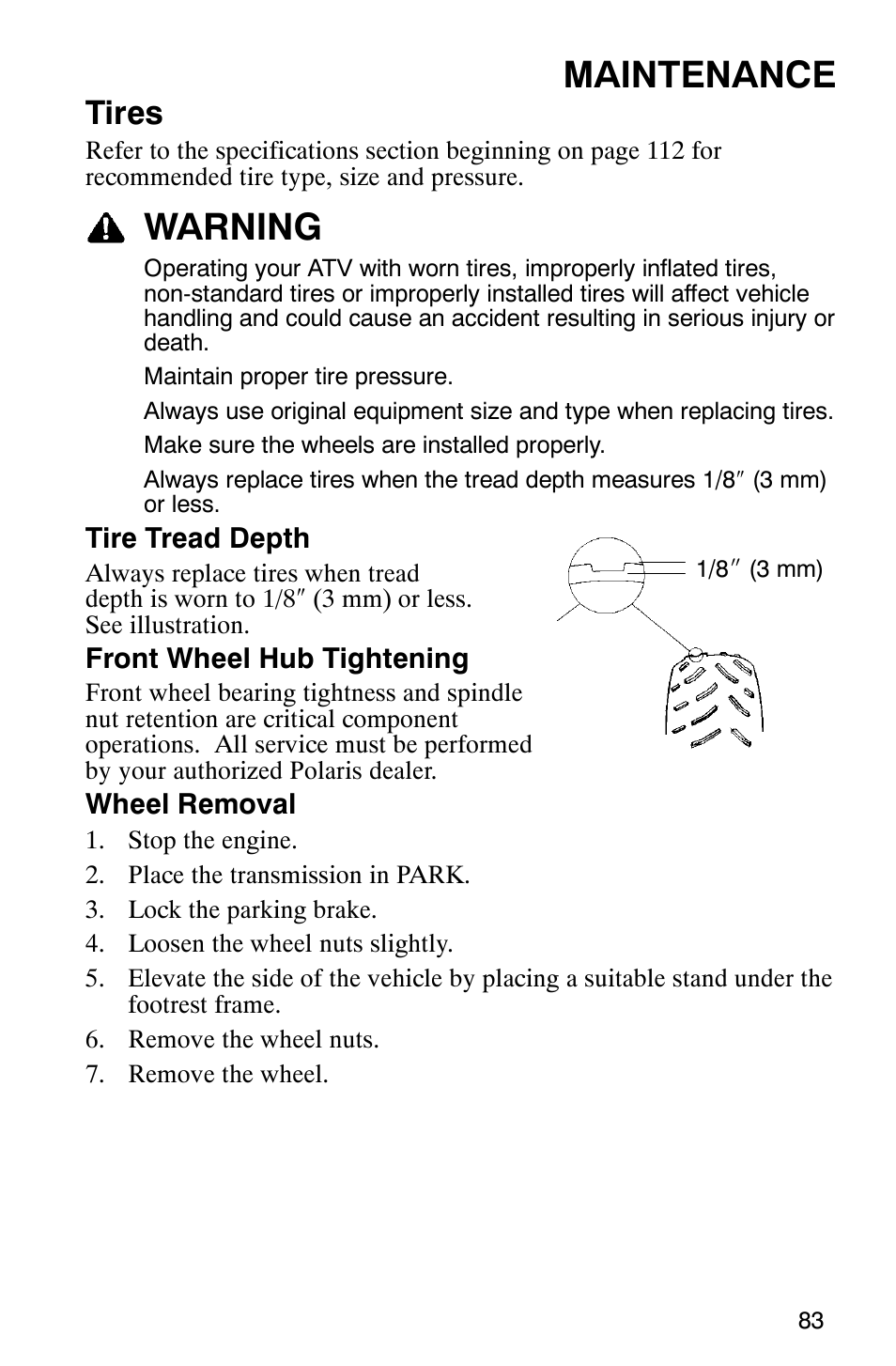 Maintenance, Warning, Tires | Polaris MV700 User Manual | Page 86 / 131