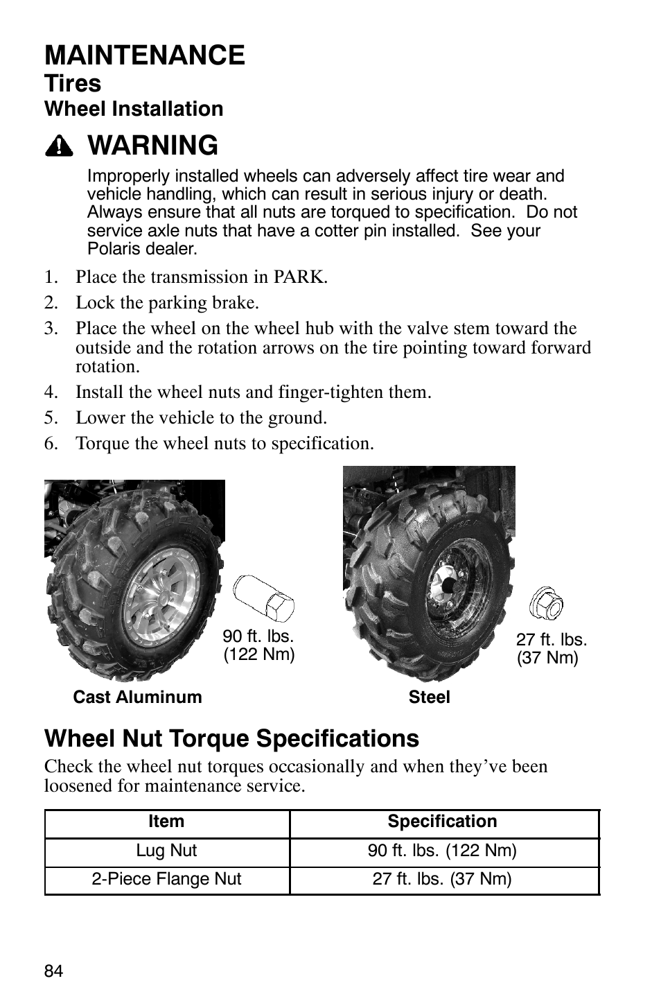 Maintenance, Warning, Tires | Wheel nut torque specifications | Polaris MV700 User Manual | Page 87 / 131