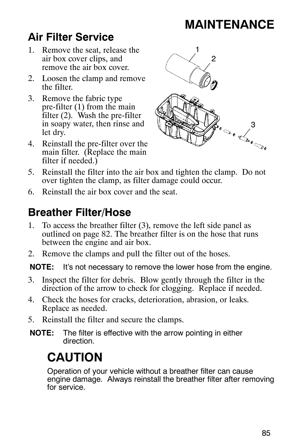 Maintenance, Caution, Air filter service | Breather filter/hose | Polaris MV700 User Manual | Page 88 / 131