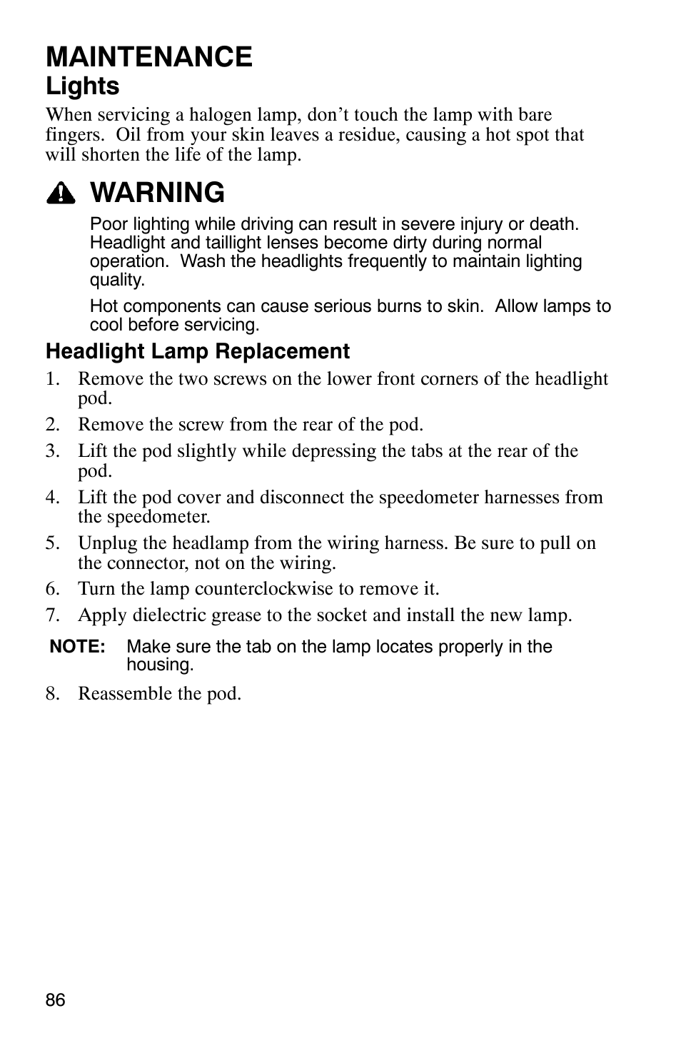 Maintenance, Warning, Lights | Polaris MV700 User Manual | Page 89 / 131