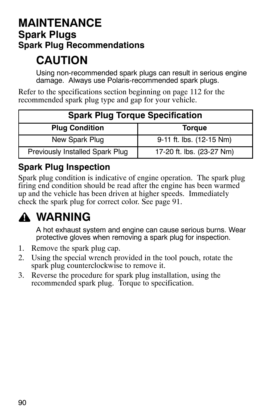 Maintenance, Caution, Warning | Spark plugs | Polaris MV700 User Manual | Page 93 / 131