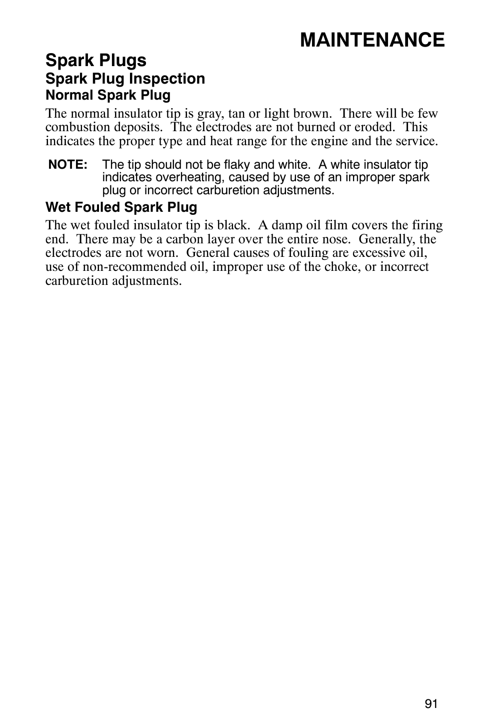 Maintenance, Spark plugs | Polaris MV700 User Manual | Page 94 / 131