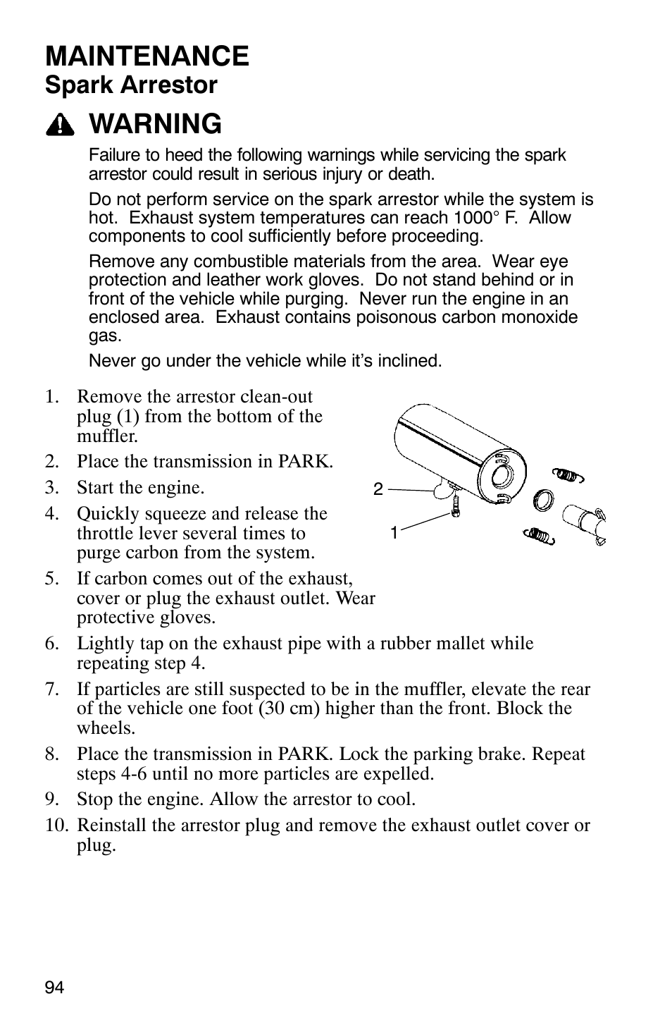 Maintenance, Warning, Spark arrestor | Polaris MV700 User Manual | Page 97 / 131