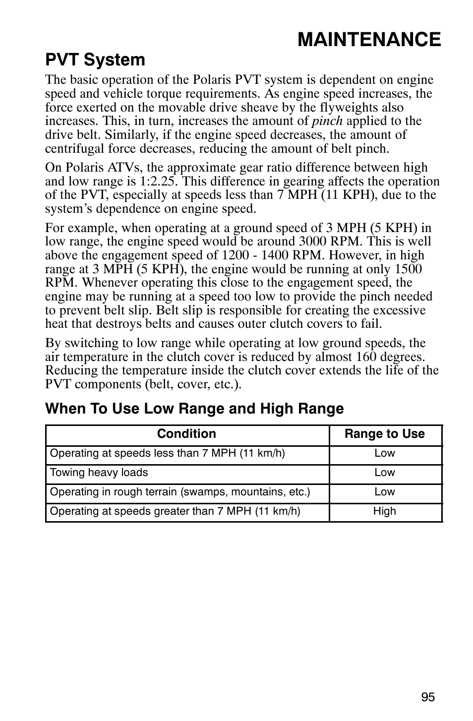 Maintenance, Pvt system, When to use low range and high range | Polaris MV700 User Manual | Page 98 / 131