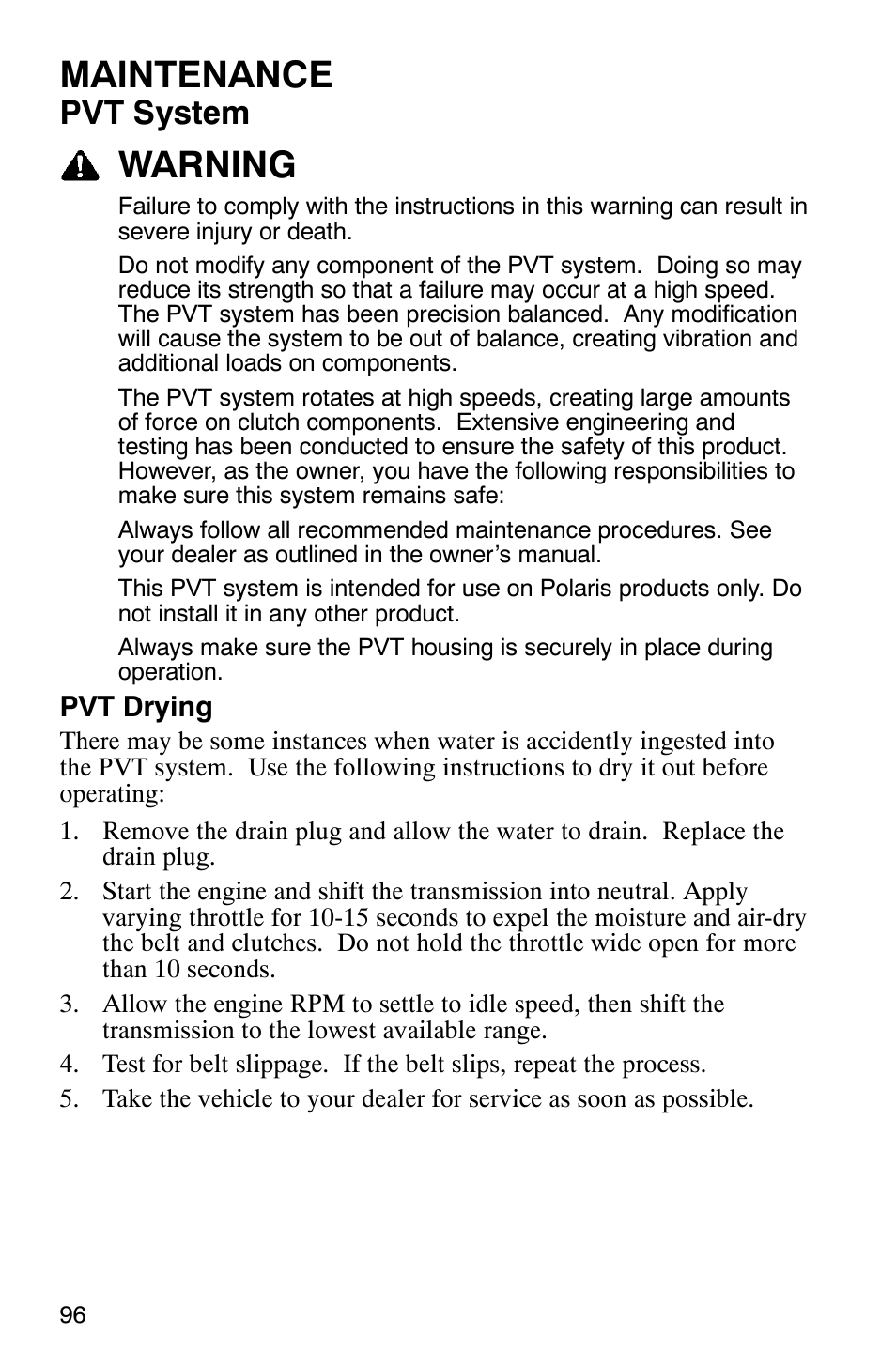 Maintenance, Warning, Pvt system | Polaris MV700 User Manual | Page 99 / 131