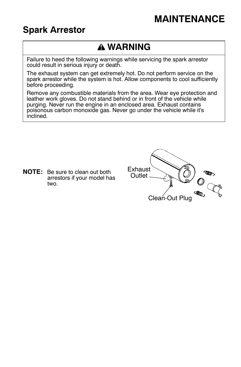 Maintenance, Spark arrestor, Warning | Polaris Sportsman 9921169 User Manual | Page 103 / 137