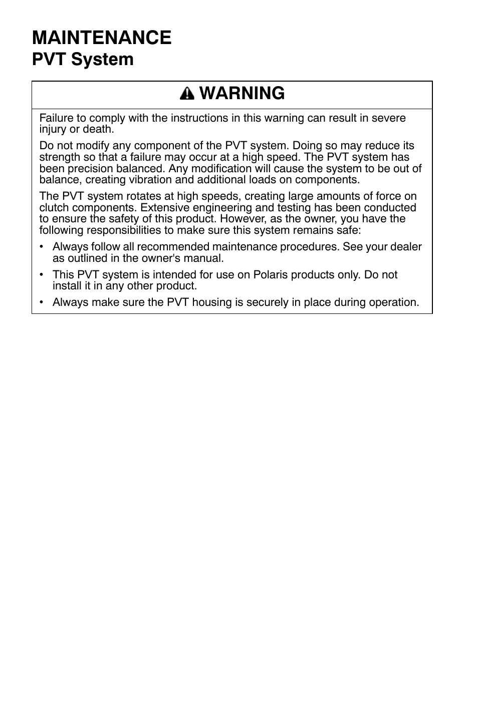 Maintenance, Pvt system warning | Polaris Sportsman 9921169 User Manual | Page 104 / 137
