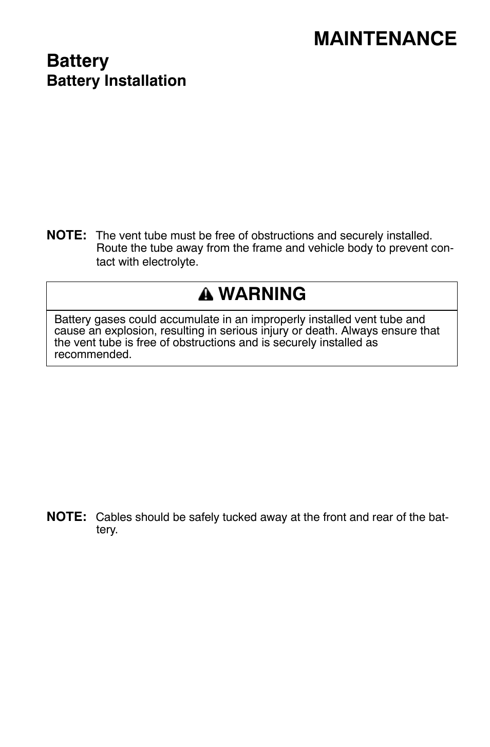 Maintenance, Battery, Warning | Battery installation | Polaris Sportsman 9921169 User Manual | Page 109 / 137