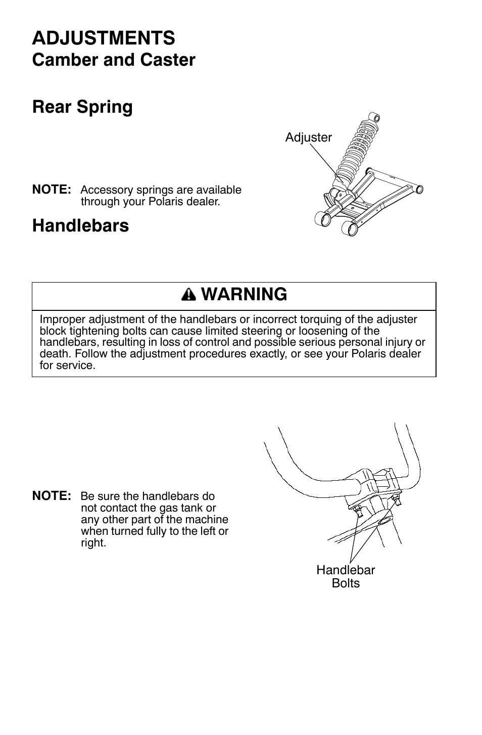 Adjustments, Camber and caster, Rear spring | Handlebars, Warning | Polaris Sportsman 9921169 User Manual | Page 120 / 137