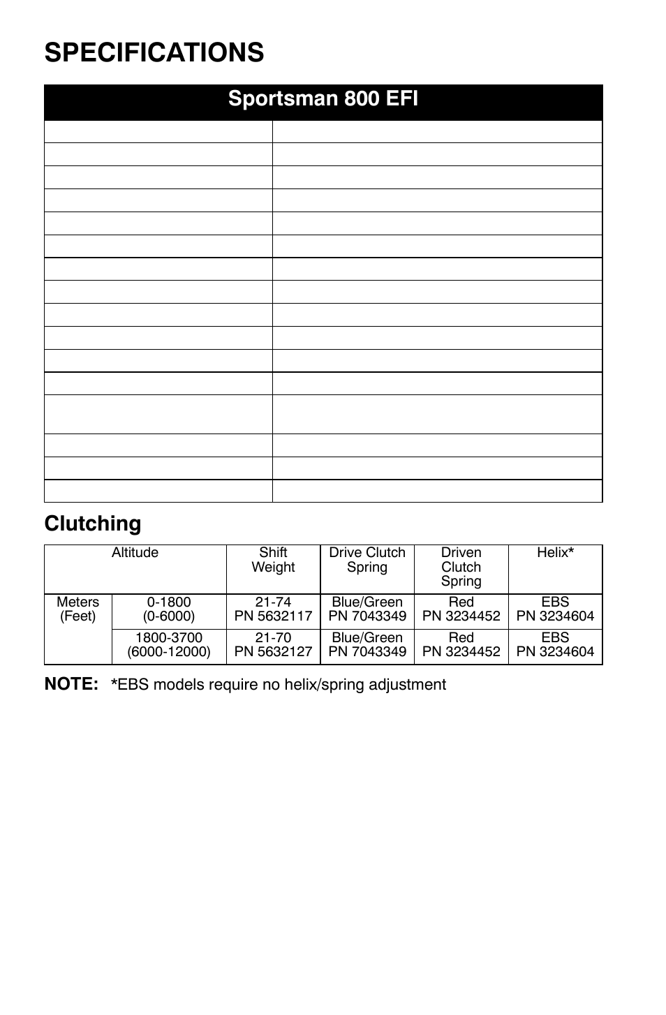 Specifications, Clutching, Sportsman 800 efi | Polaris Sportsman 9921169 User Manual | Page 128 / 137