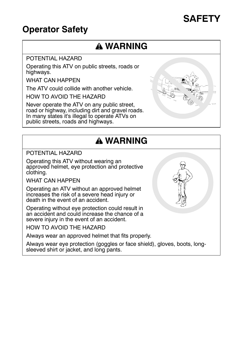 Safety, Operator safety warning, Warning | Polaris Sportsman 9921169 User Manual | Page 21 / 137