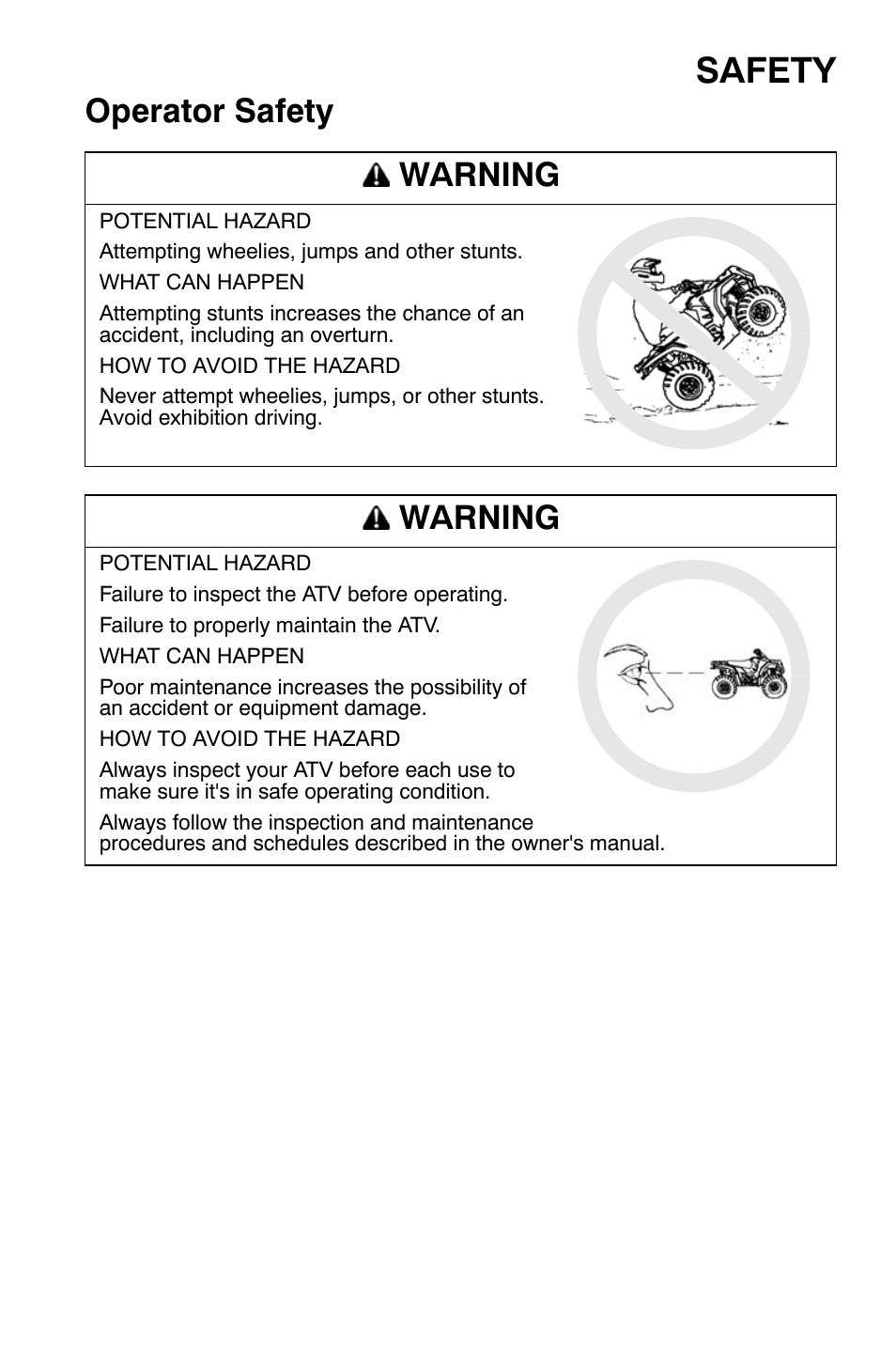 Safety, Operator safety warning, Warning | Polaris Sportsman 9921169 User Manual | Page 23 / 137