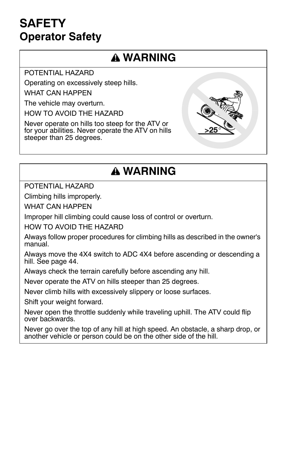 Safety, Operator safety warning, Warning | Polaris Sportsman 9921169 User Manual | Page 26 / 137