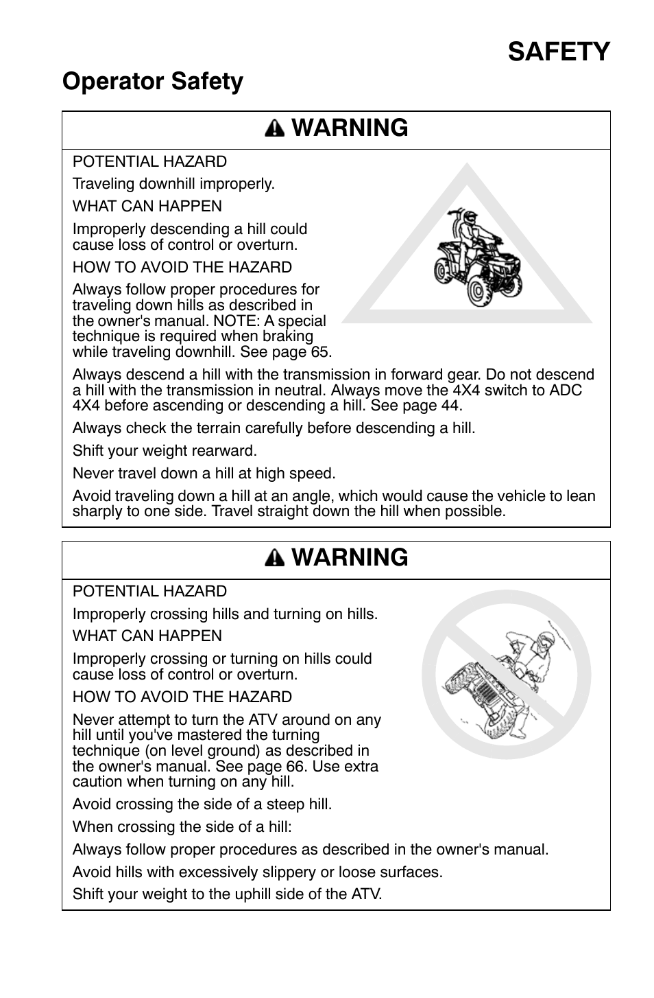 Safety, Operator safety warning, Warning | Polaris Sportsman 9921169 User Manual | Page 27 / 137