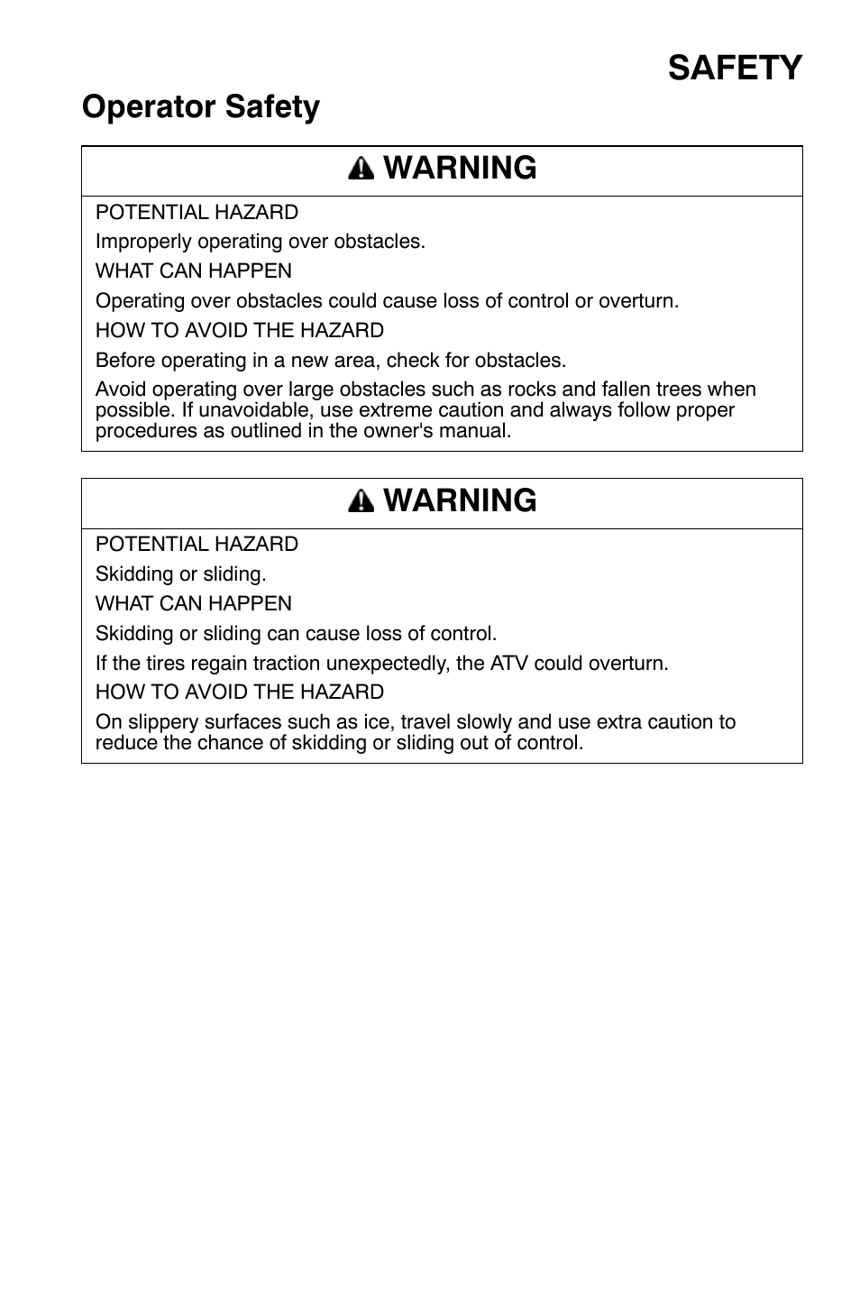 Safety, Operator safety warning, Warning | Polaris Sportsman 9921169 User Manual | Page 29 / 137