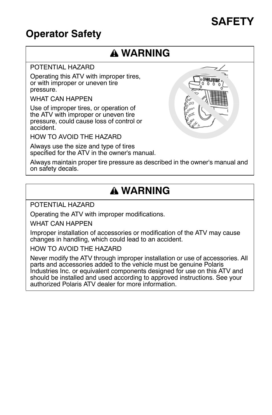 Safety, Operator safety warning, Warning | Polaris Sportsman 9921169 User Manual | Page 31 / 137