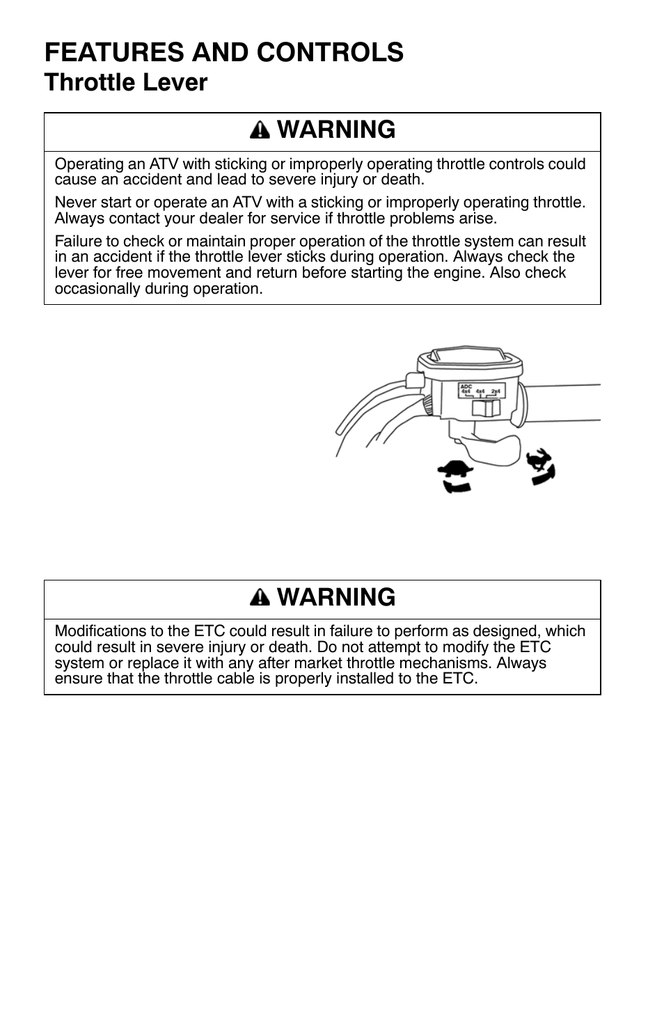Features and controls, Throttle lever, Warning | Polaris Sportsman 9921169 User Manual | Page 36 / 137