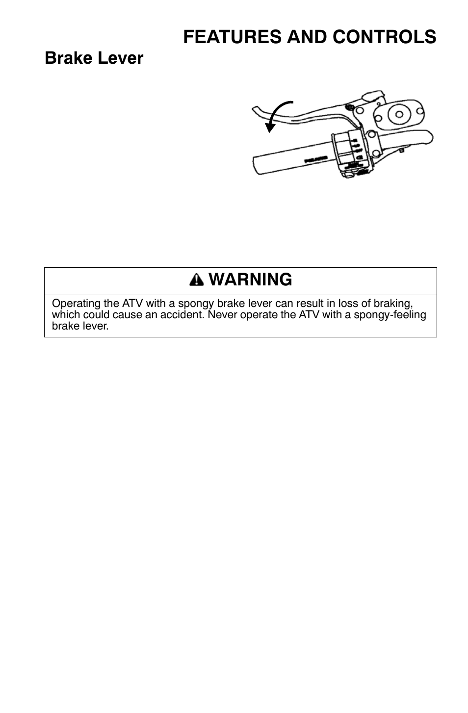 Features and controls, Brake lever, Warning | Polaris Sportsman 9921169 User Manual | Page 37 / 137