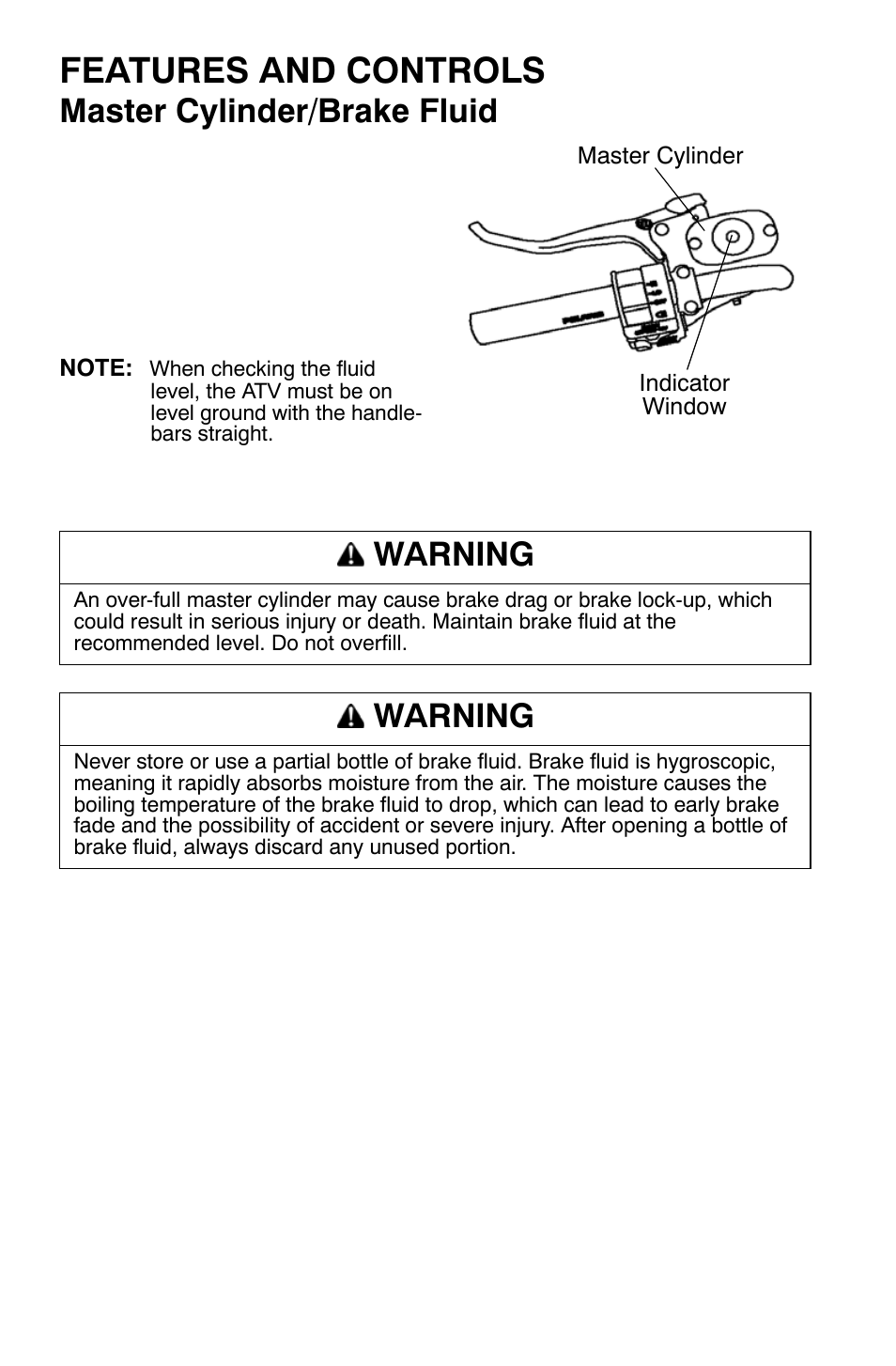 Features and controls, Master cylinder/brake fluid, Warning | Polaris Sportsman 9921169 User Manual | Page 38 / 137