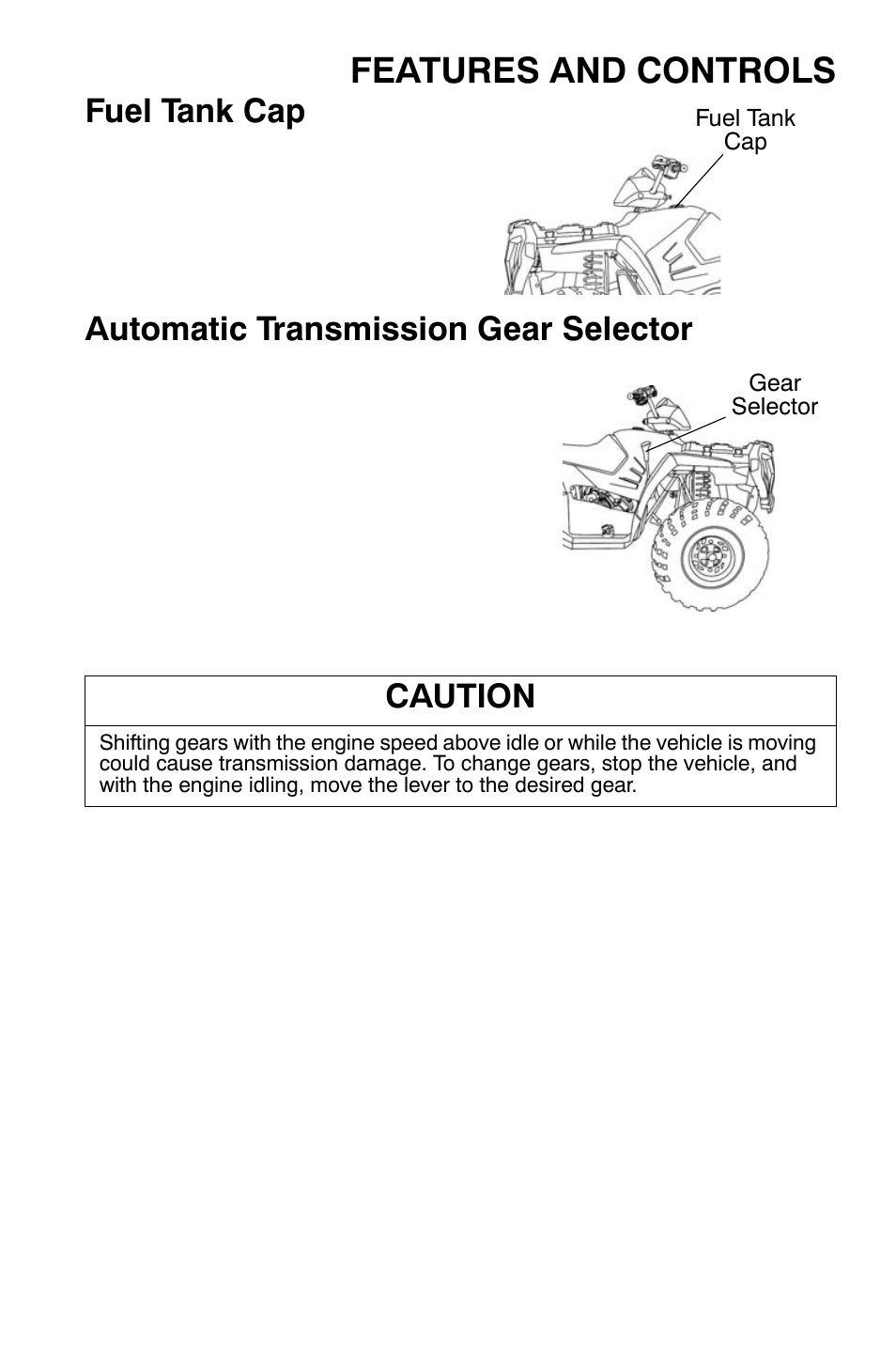 Features and controls, Fuel tank cap, Automatic transmission gear selector | Caution | Polaris Sportsman 9921169 User Manual | Page 41 / 137