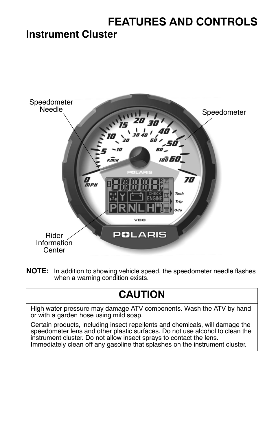 Features and controls, Instrument cluster, Caution | Polaris Sportsman 9921169 User Manual | Page 45 / 137