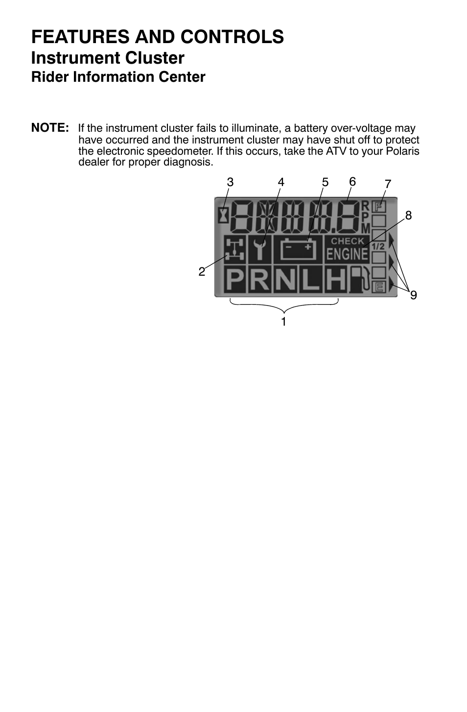 Features and controls, Instrument cluster, Rider information center | Polaris Sportsman 9921169 User Manual | Page 46 / 137
