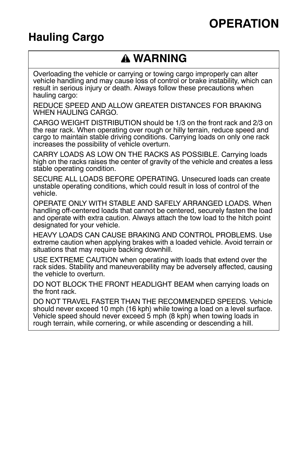 Operation, Hauling cargo warning | Polaris Sportsman 9921169 User Manual | Page 59 / 137