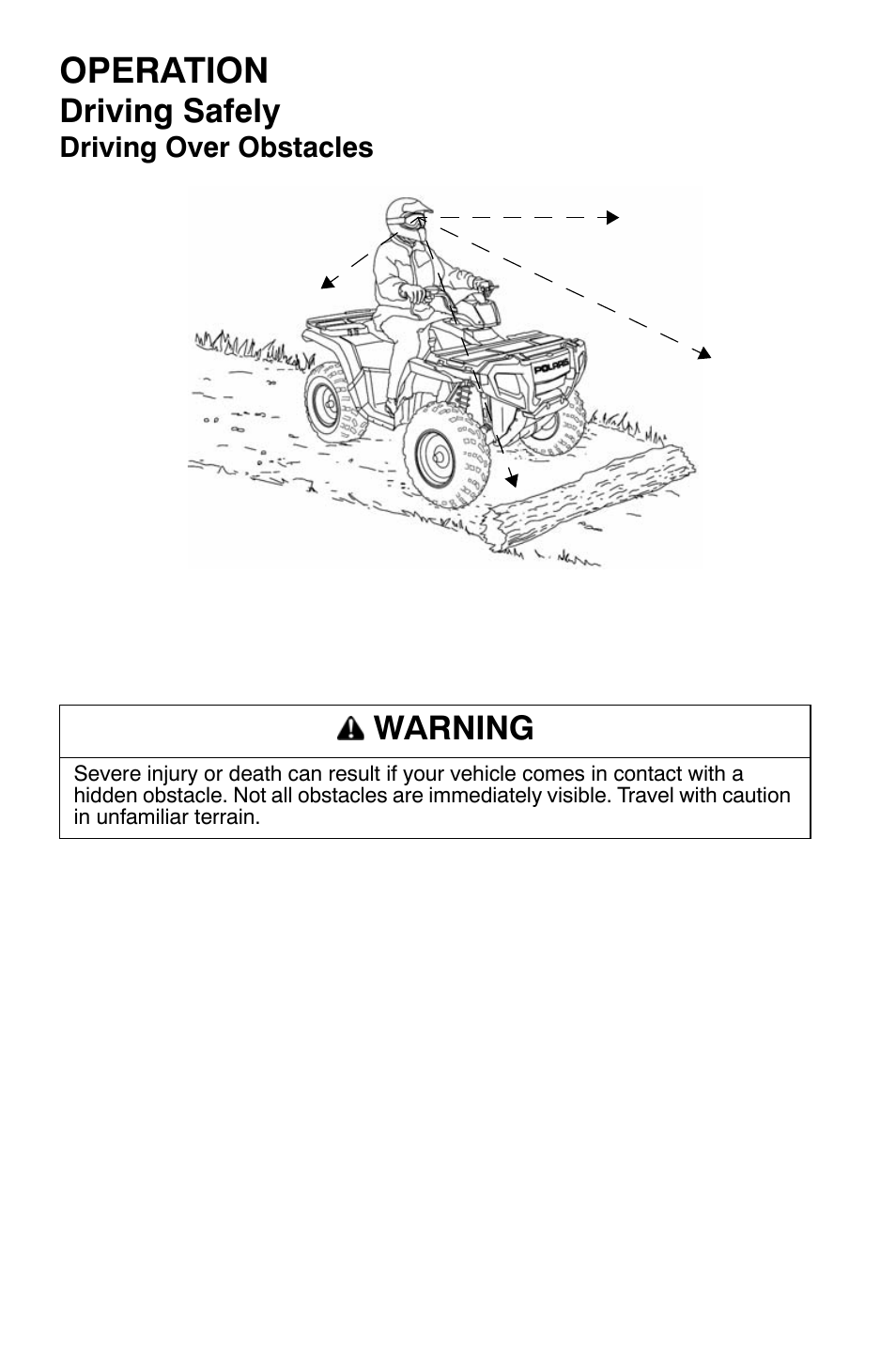 Operation, Driving safely, Warning | Polaris Sportsman 9921169 User Manual | Page 68 / 137