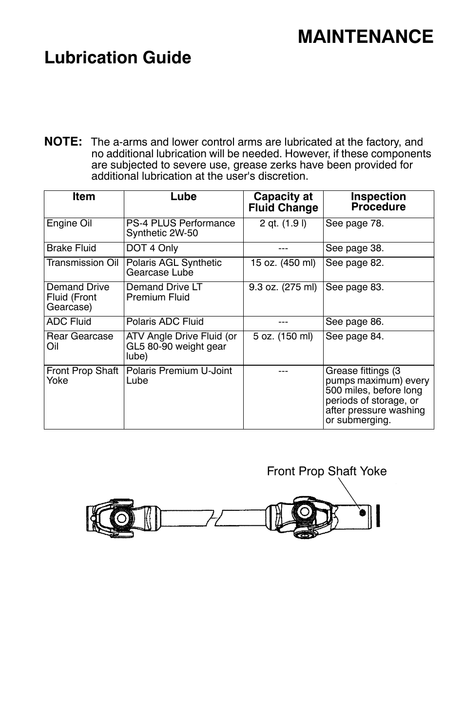 Maintenance, Lubrication guide, Front prop shaft yoke | Polaris Sportsman 9921169 User Manual | Page 77 / 137