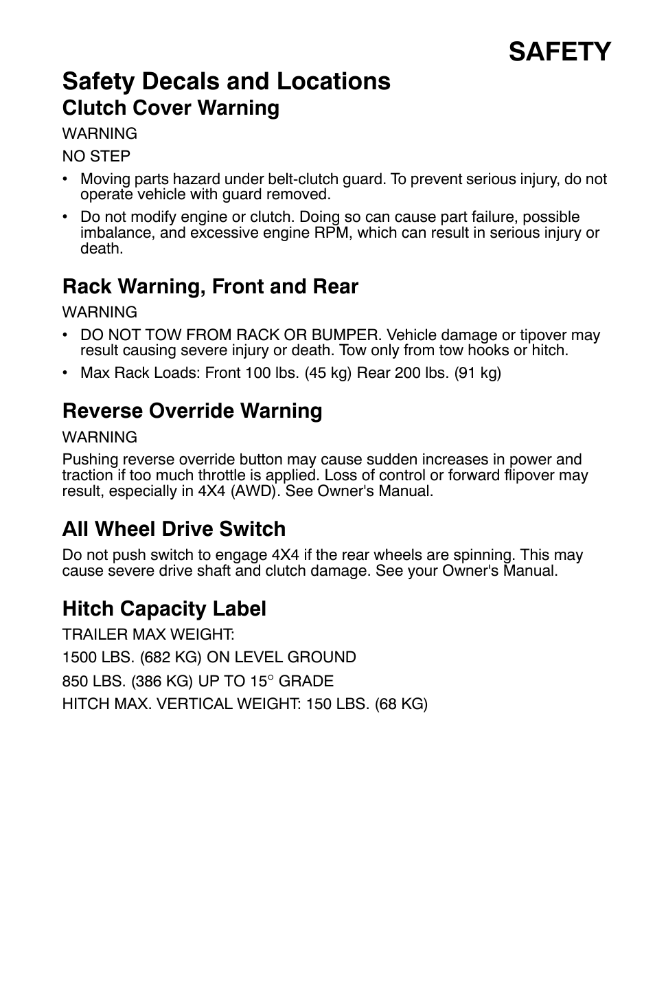 Safety, Safety decals and locations, Clutch cover warning | Rack warning, front and rear, Reverse override warning, All wheel drive switch, Hitch capacity label | Polaris Sportsman 9921169 User Manual | Page 9 / 137