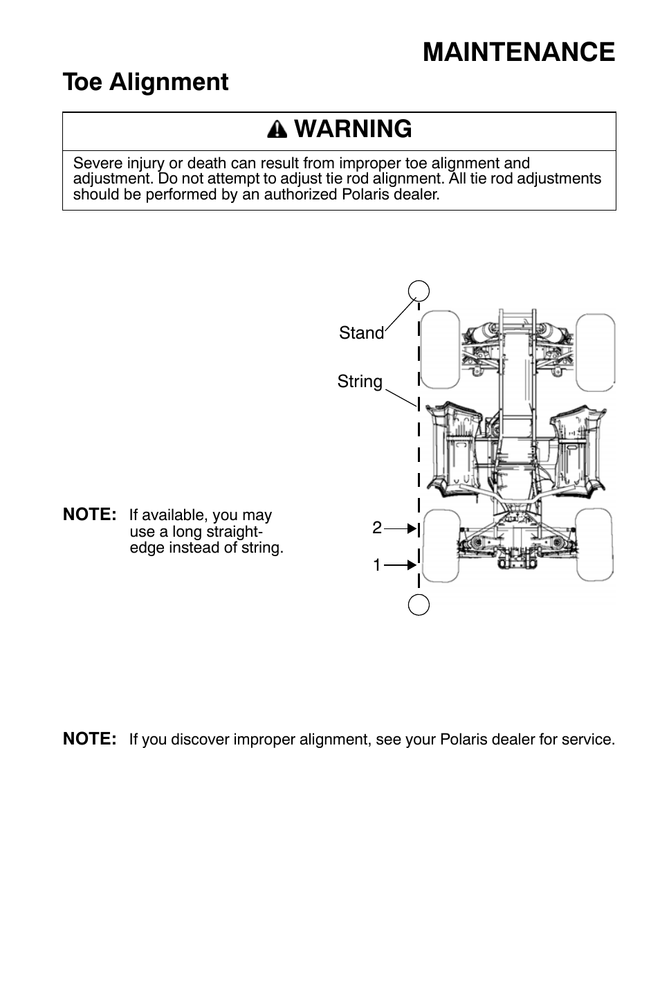 Maintenance, Toe alignment, Warning | Polaris Sportsman 9921169 User Manual | Page 91 / 137