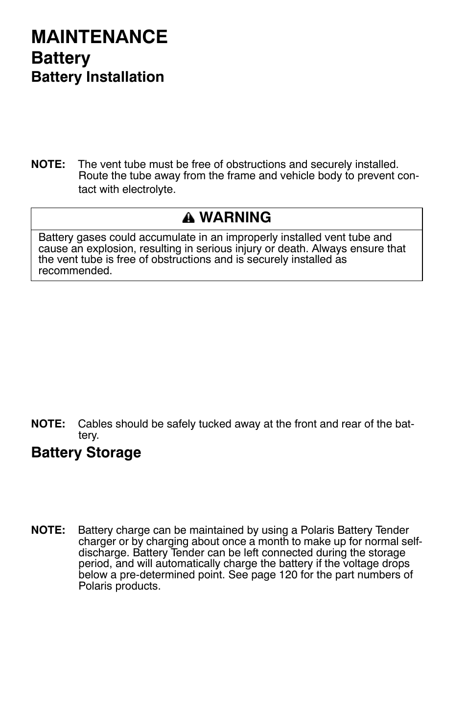 Maintenance, Battery, Battery installation | Battery storage, Warning | Polaris Sportsman 9921454 User Manual | Page 108 / 129