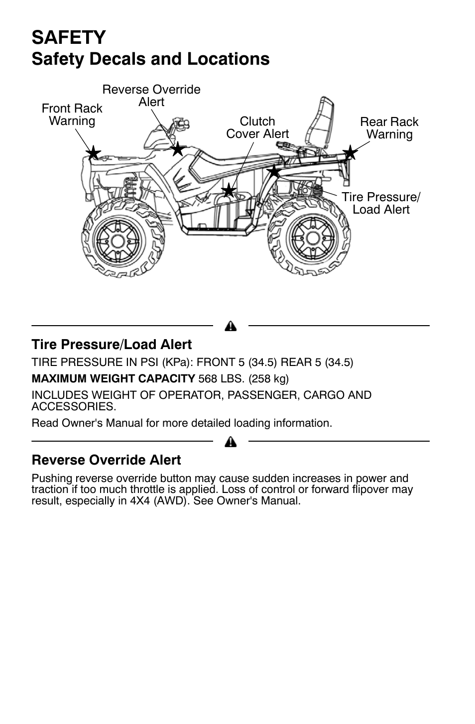 Safety, Safety decals and locations | Polaris Sportsman 9921454 User Manual | Page 16 / 129